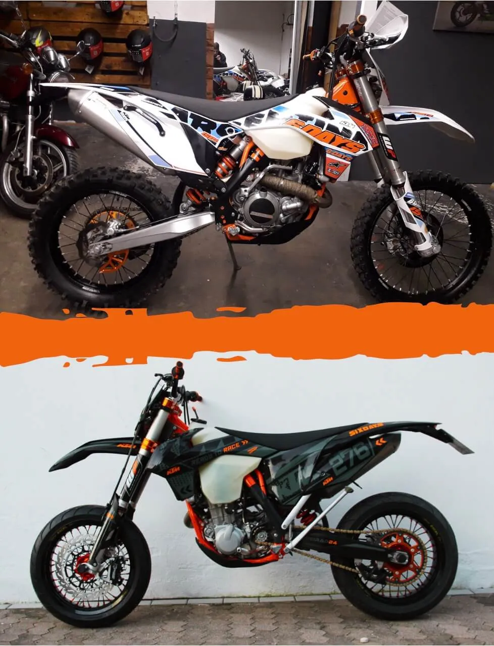 KTM EXC Supermoto Umbau vorher und nachher: oben die Enduro mit 21-Zoll-Rädern, unten die fertige Supermoto mit 17-Zoll-Rädern